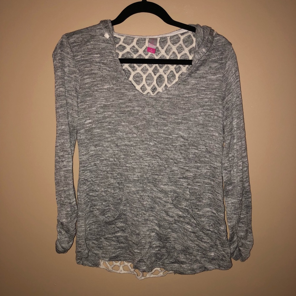 Grey light weight open crochet back with hood